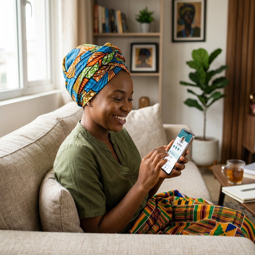 A young African woman accessing healthcare on her phone via Carepath