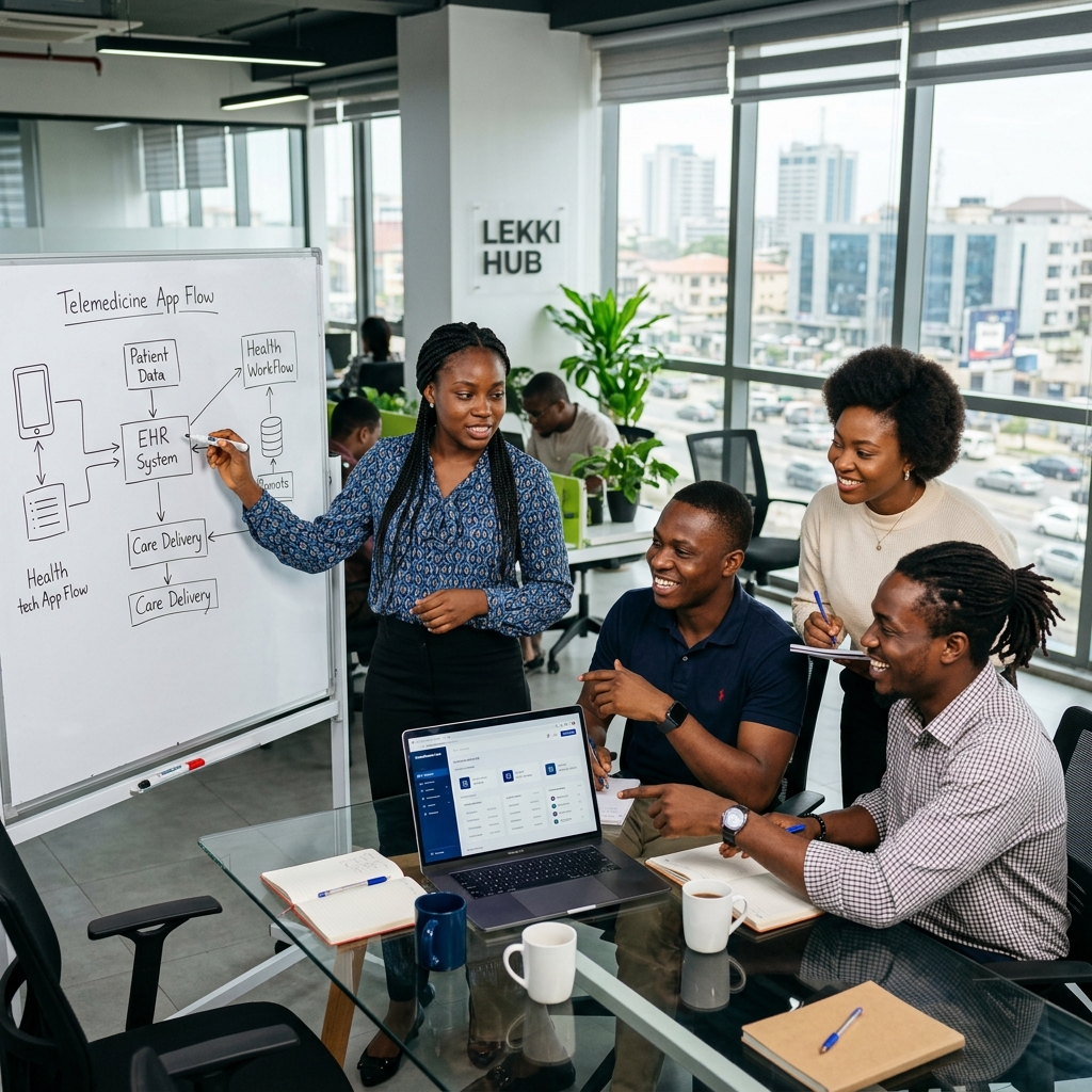 The Carepath team collaborating in a modern workspace in Lagos